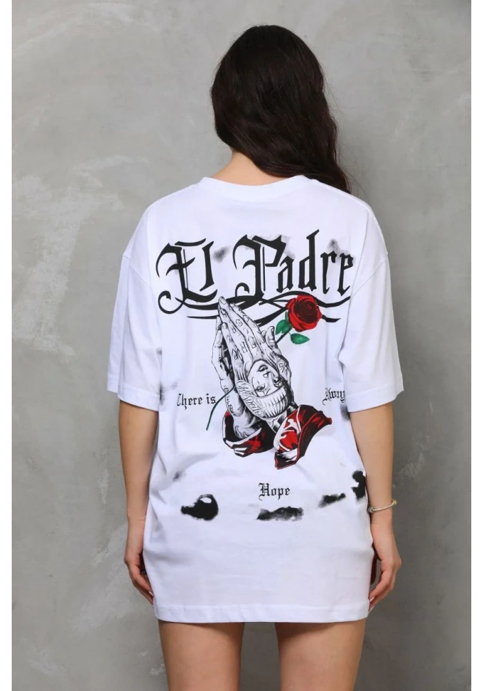 kadın Bisiklet Yaka Baskılı Oversize T-Shirt - Beyaz