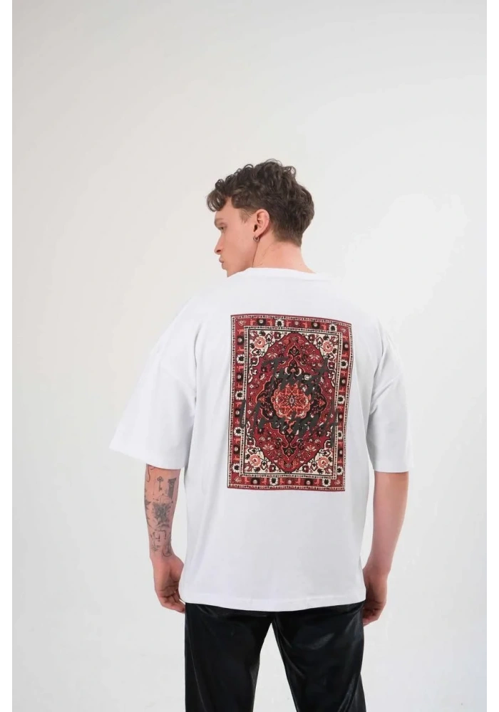 Erkek Bisiklet Yaka Baskılı Oversize T-Shirt - Beyaz