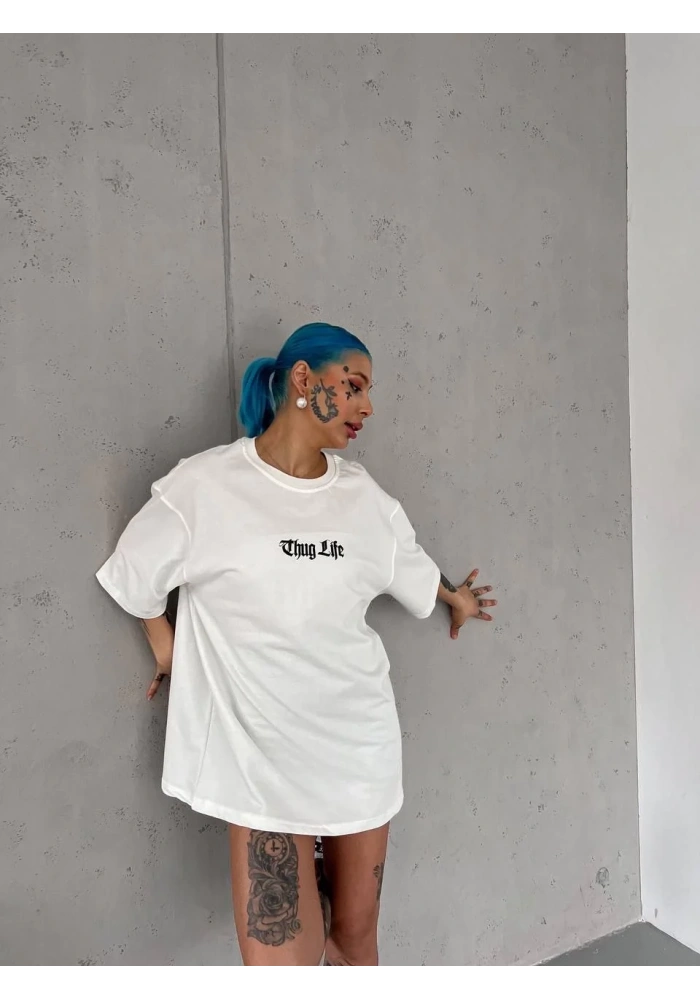 kadın  Bisiklet Yaka Baskılı Oversize T-Shirt - Beyaz