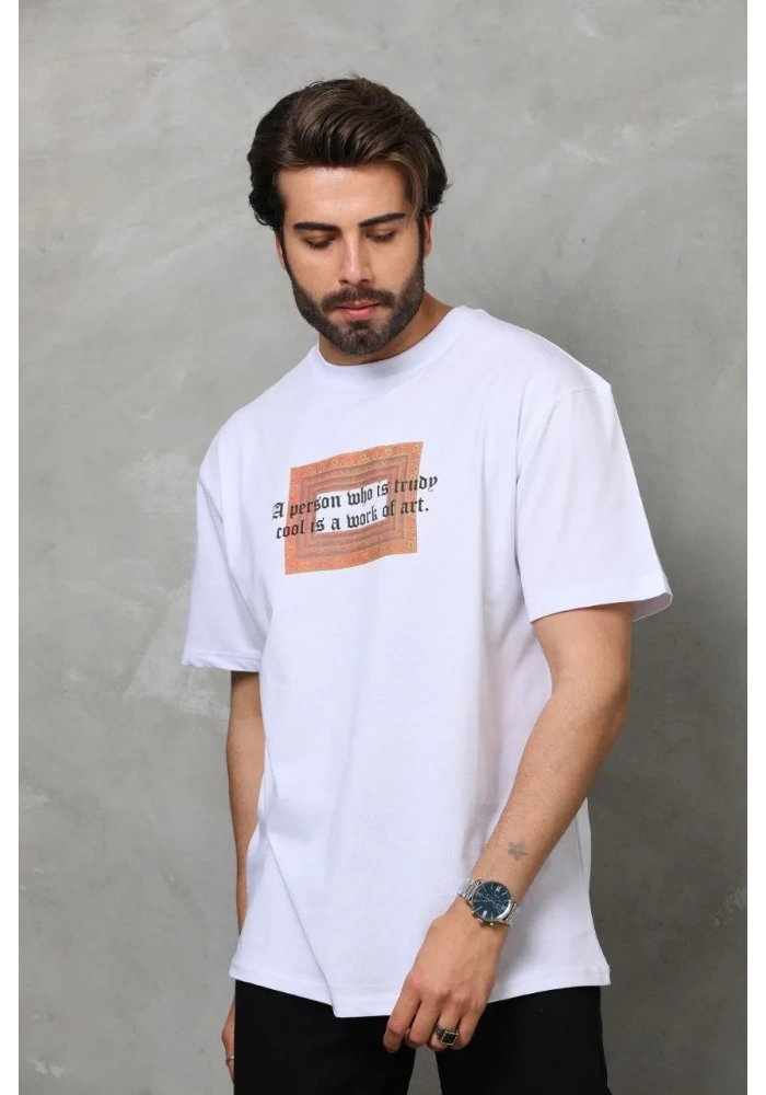 Erkek Bisiklet Yaka Baskılı Oversize T-Shirt - Beyaz