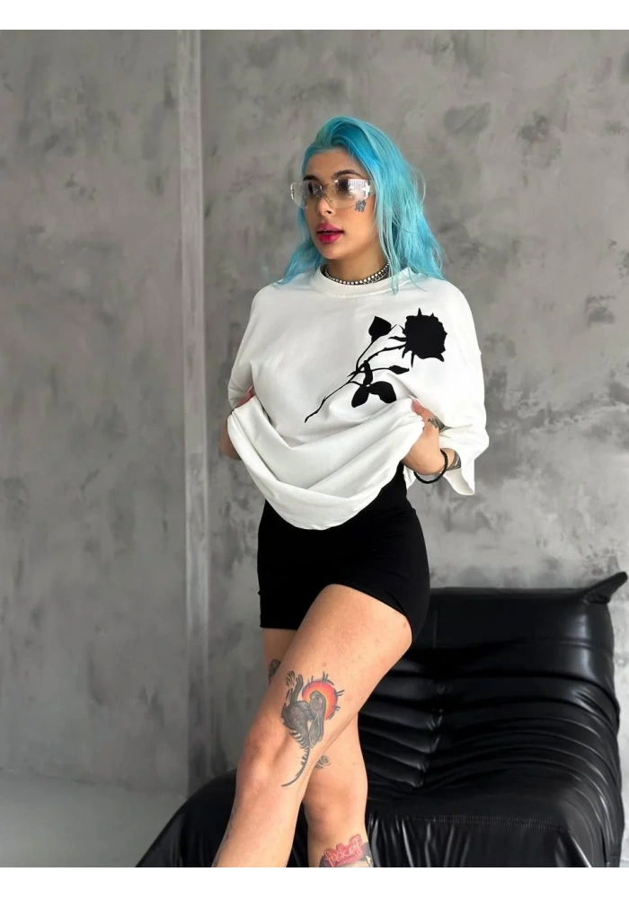 kadın  Bisiklet Yaka Baskılı Oversize T-Shirt - Beyaz