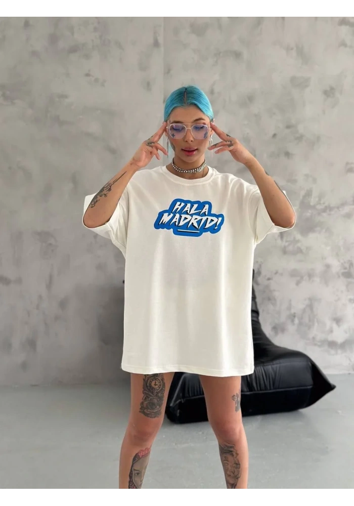kadın Bisiklet Yaka Baskılı Oversize T-Shirt - Beyaz