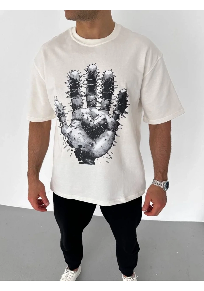 Erkek Bisiklet Yaka Baskılı Oversize T-Shirt - Beyaz