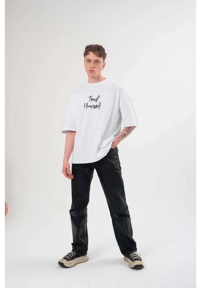 Erkek Bisiklet Yaka Baskılı Oversize T-Shirt - Beyaz