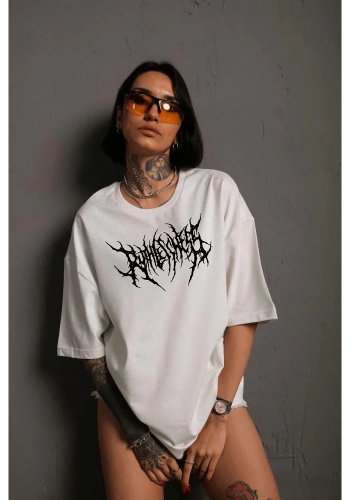 kadın Bisiklet Yaka Baskılı Oversize T-Shirt - Beyaz