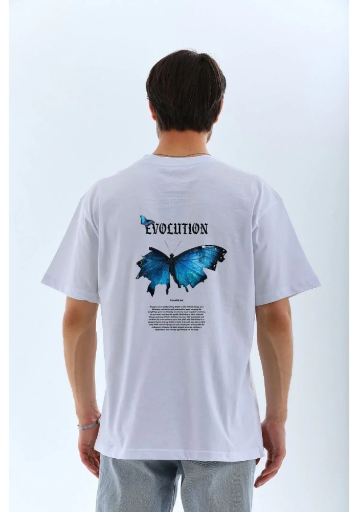 Erkek  Bisiklet Yaka Kelebek Baskılı Oversize T-Shirt - Beyaz