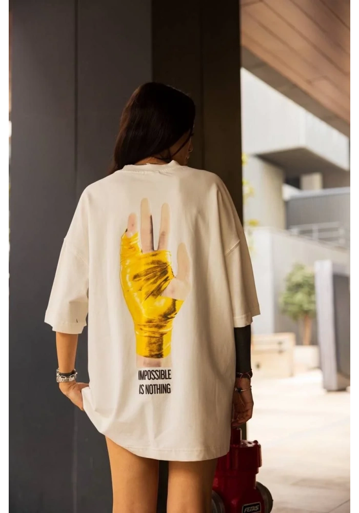 kadın Bisiklet Yaka Baskılı Oversize T-Shirt - Beyaz