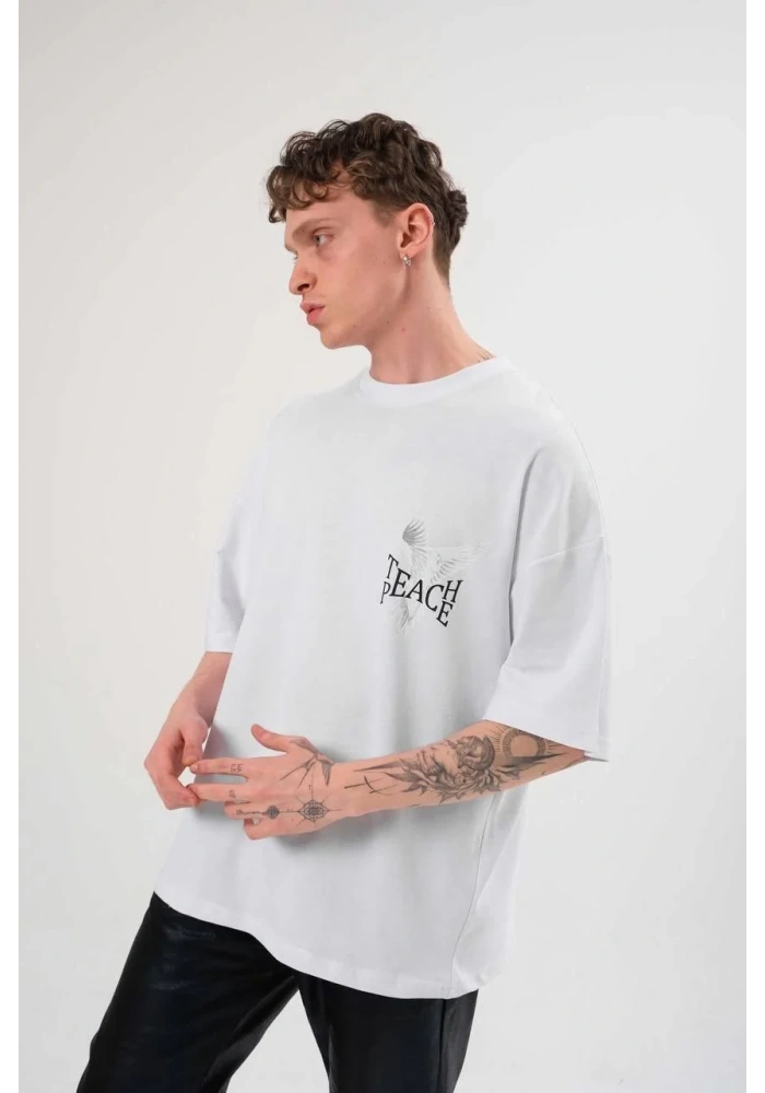 Erkek Bisiklet Yaka Baskılı Oversize T-Shirt - Beyaz