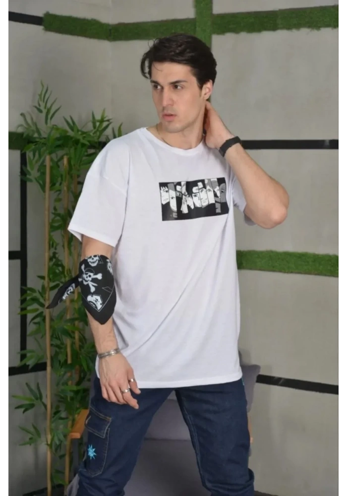 ERKEK Bisiklet Yaka Baskılı Oversize T-Shirt - Beyaz