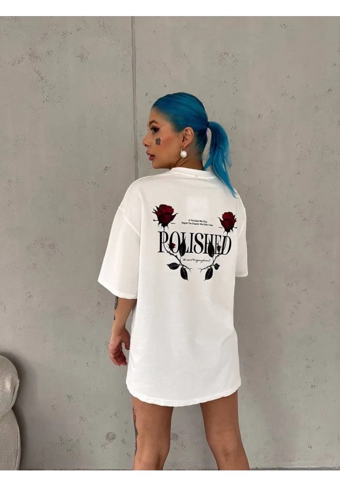 kadın Bisiklet Yaka Baskılı Oversize T-Shirt - Beyaz