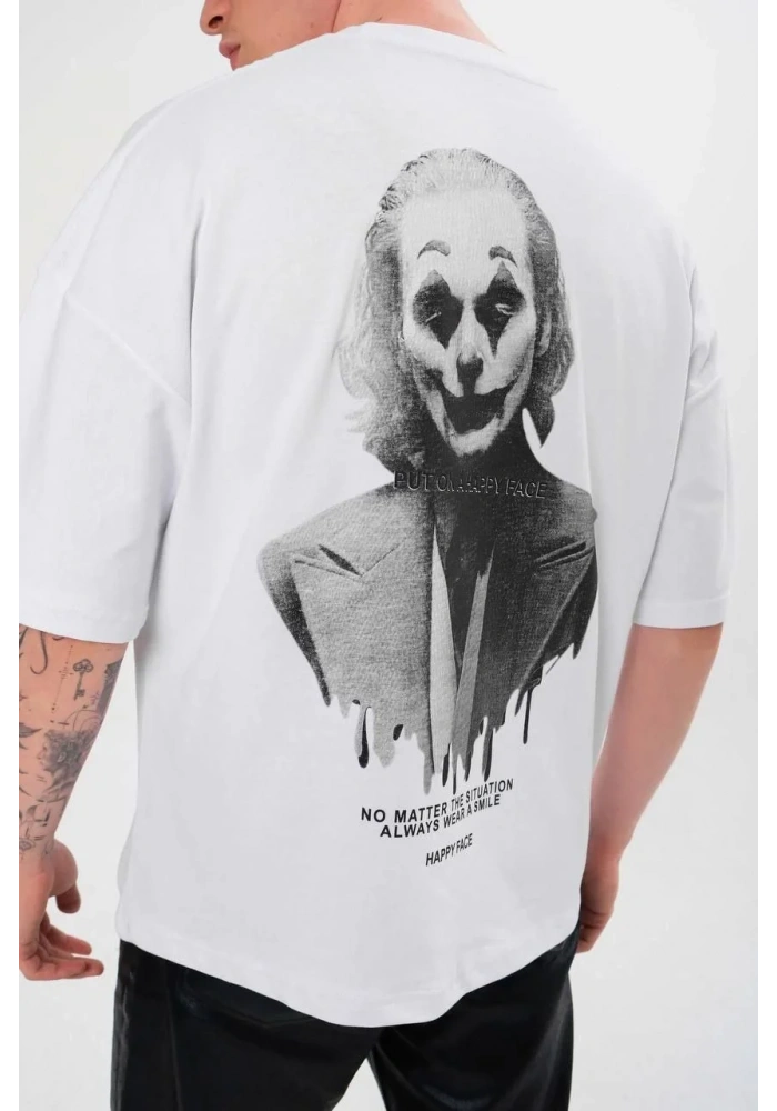 Erkek Bisiklet Yaka Baskılı Oversize T-Shirt - Beyaz