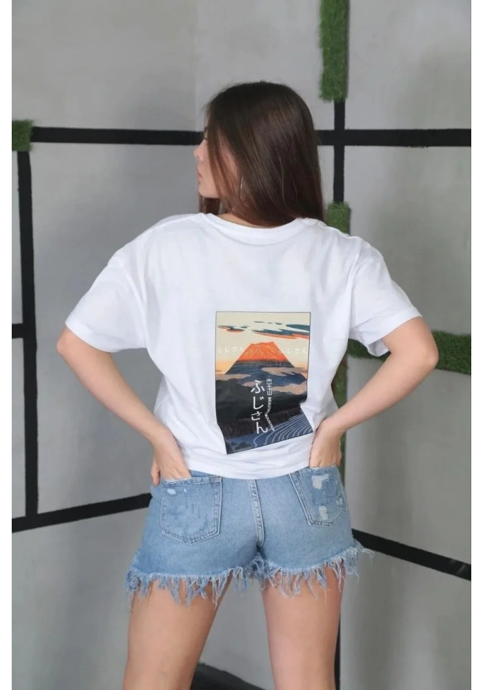 Kadın Bisiklet Yaka Baskılı Oversize T-Shirt- Beyaz