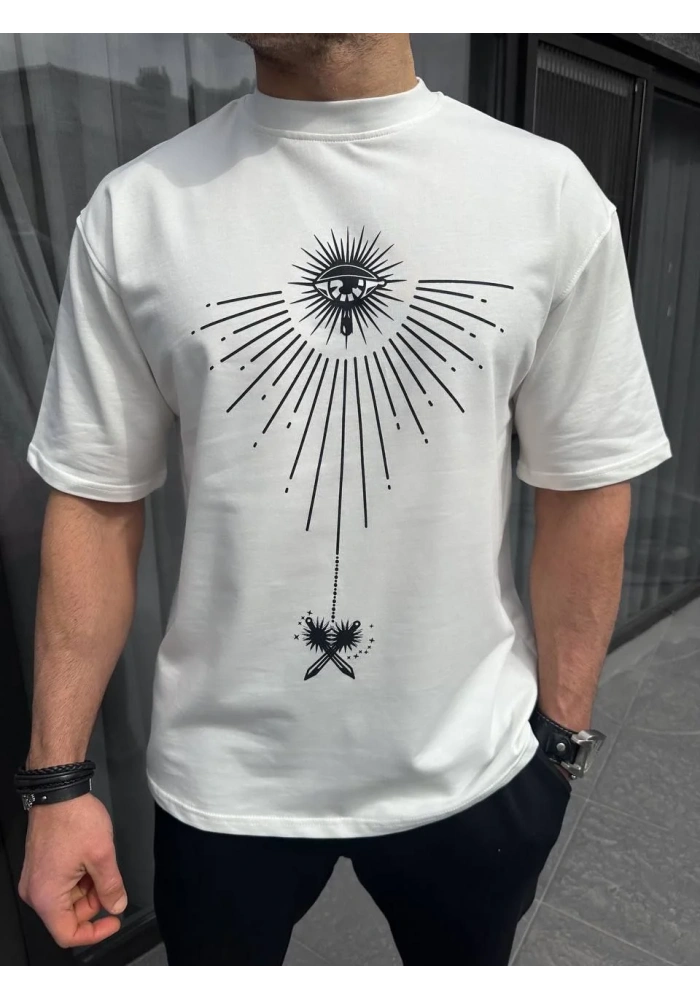 ERKEK  Bisiklet Yaka Baskılı Oversize T-Shirt - Beyaz