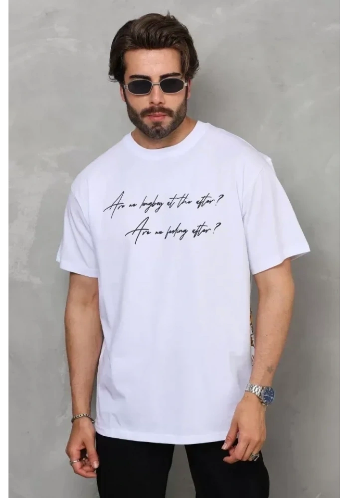 Unisex Bisiklet Yaka Baskılı Oversize T-Shirt - Beyaz