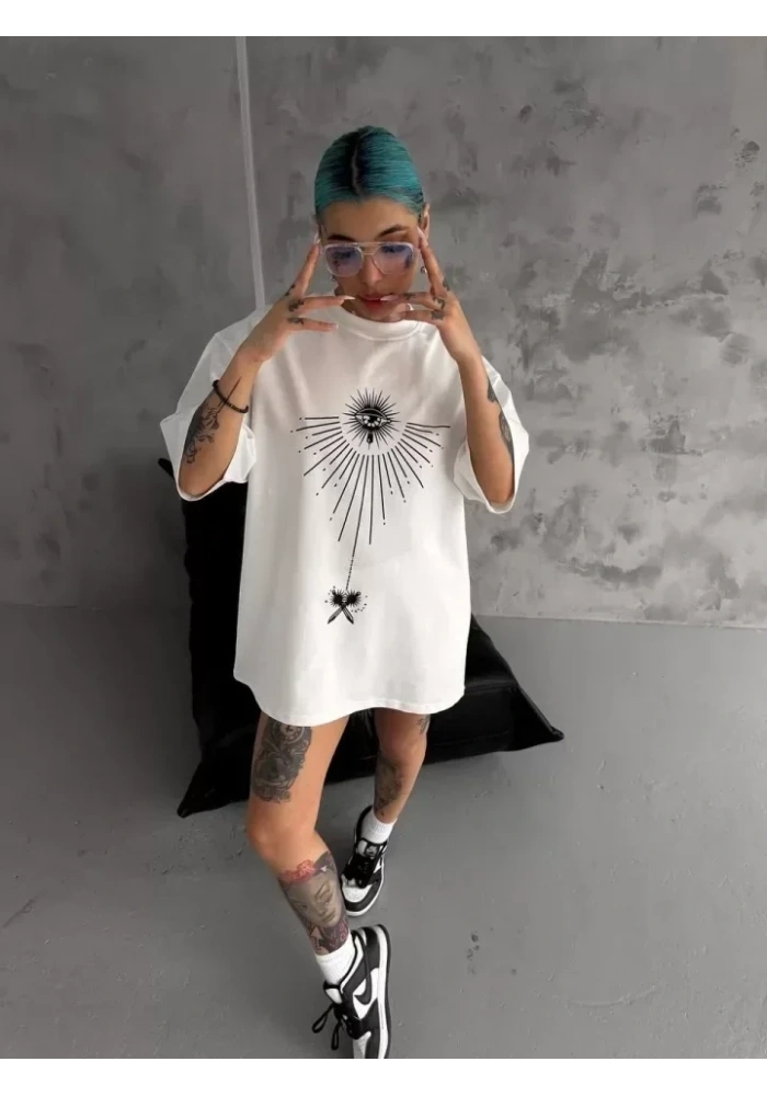 Unisex Bisiklet Yaka Baskılı Oversize T-Shirt - Beyaz
