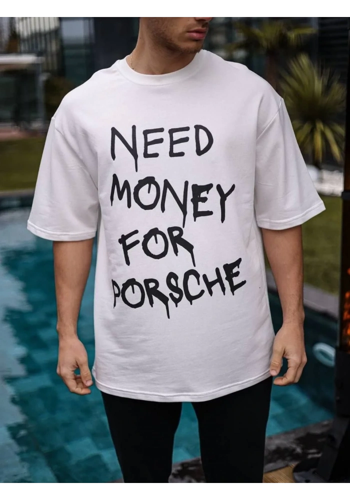 ERKEK Bisiklet Yaka Baskılı Oversize T-Shirt - Beyaz