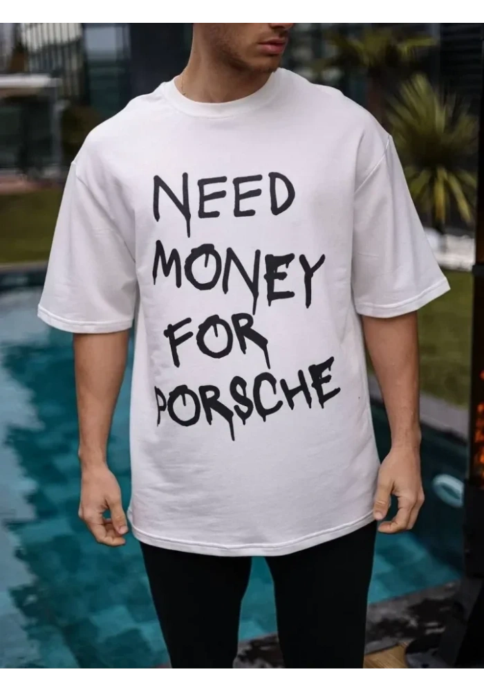 Unisex Bisiklet Yaka Baskılı Oversize T-Shirt - Beyaz