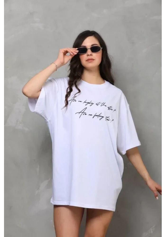 Unisex Bisiklet Yaka Baskılı Oversize T-Shirt - Beyaz
