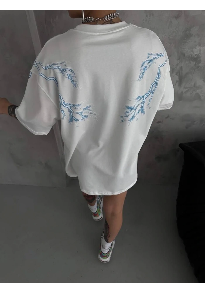 Kadın Bisiklet Yaka Baskılı Oversize T-Shirt - Beyaz