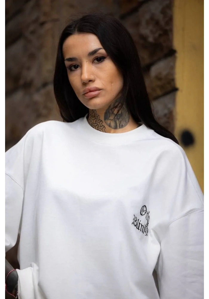 kadın Bisiklet Yaka Baskılı Oversize T-Shirt - Beyaz