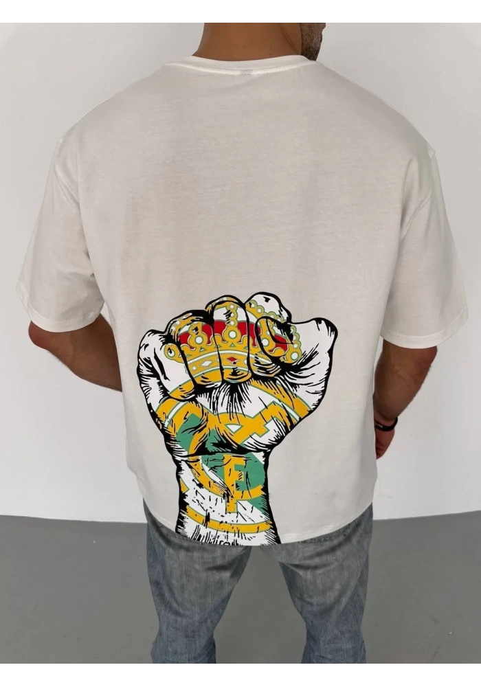 Erkek  Bisiklet Yaka Baskılı Oversize T-Shirt - Beyaz