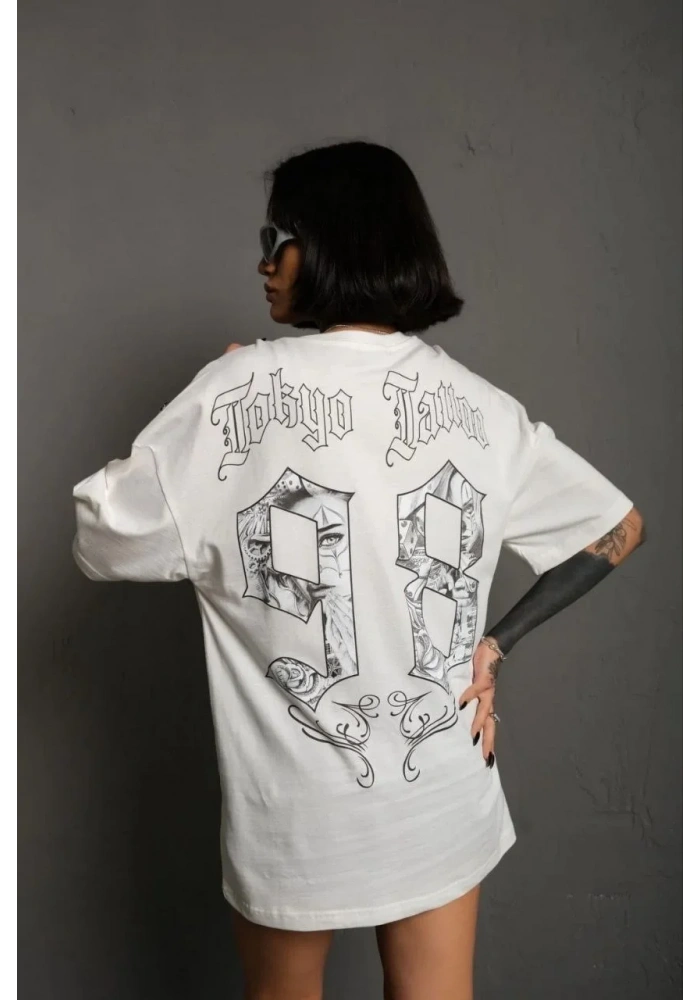 kadın Bisiklet Yaka Baskılı Oversize T-Shirt - Beyaz