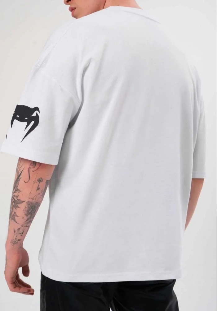 Erkek Bisiklet Yaka Baskılı Oversize T-Shirt - Beyaz