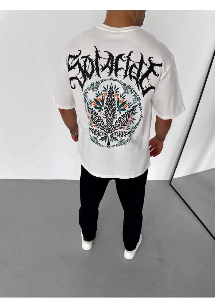 Erkek  Bisiklet Yaka Baskılı Oversize T-Shirt - Beyaz