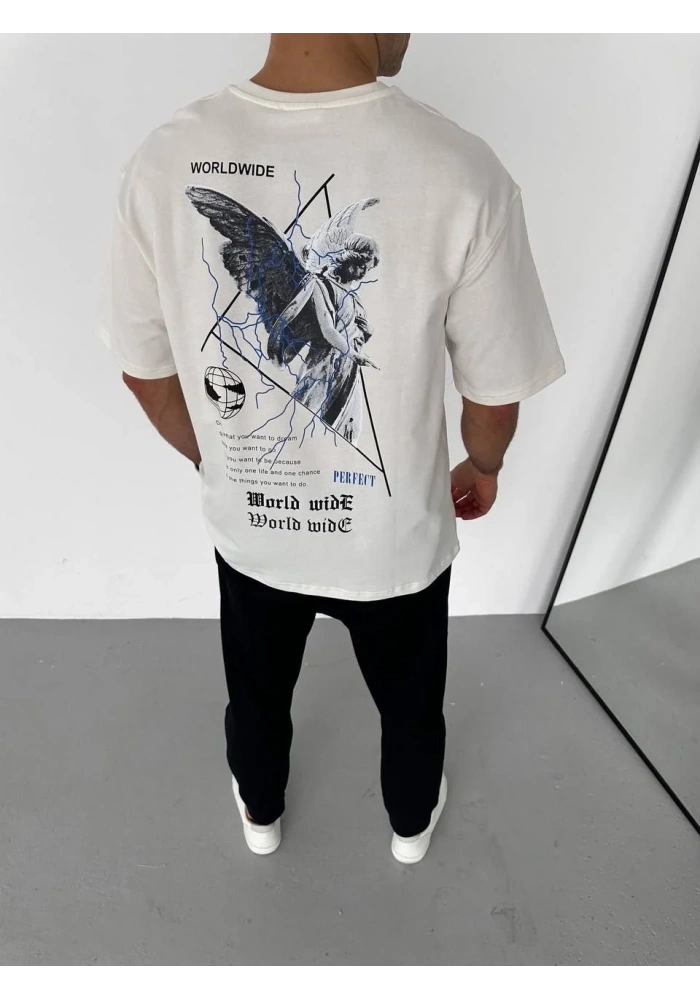 Erkek Bisiklet Yaka Baskılı Oversize T-Shirt - Beyaz