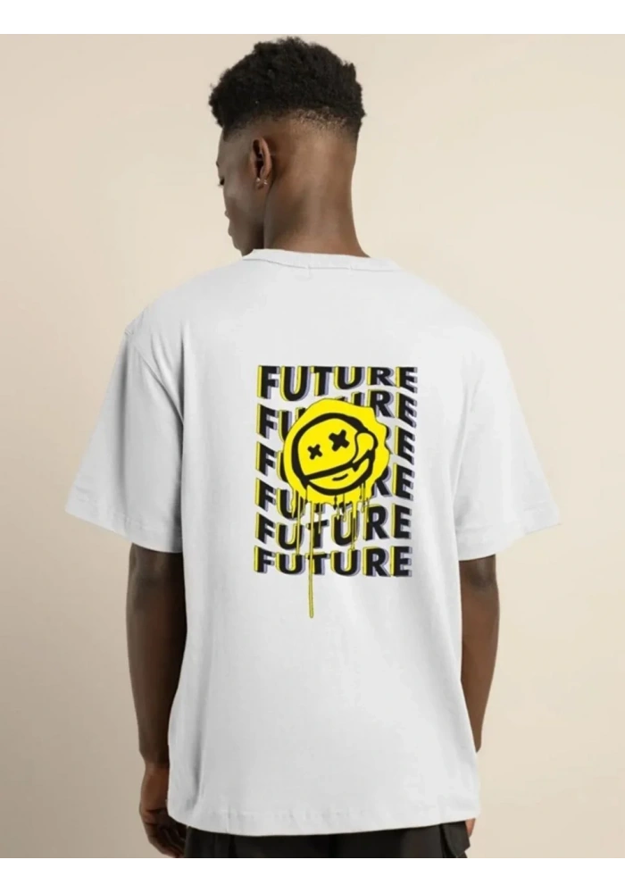 ERKEK Bisiklet Yaka Baskılı Oversize T-Shirt - Beyaz