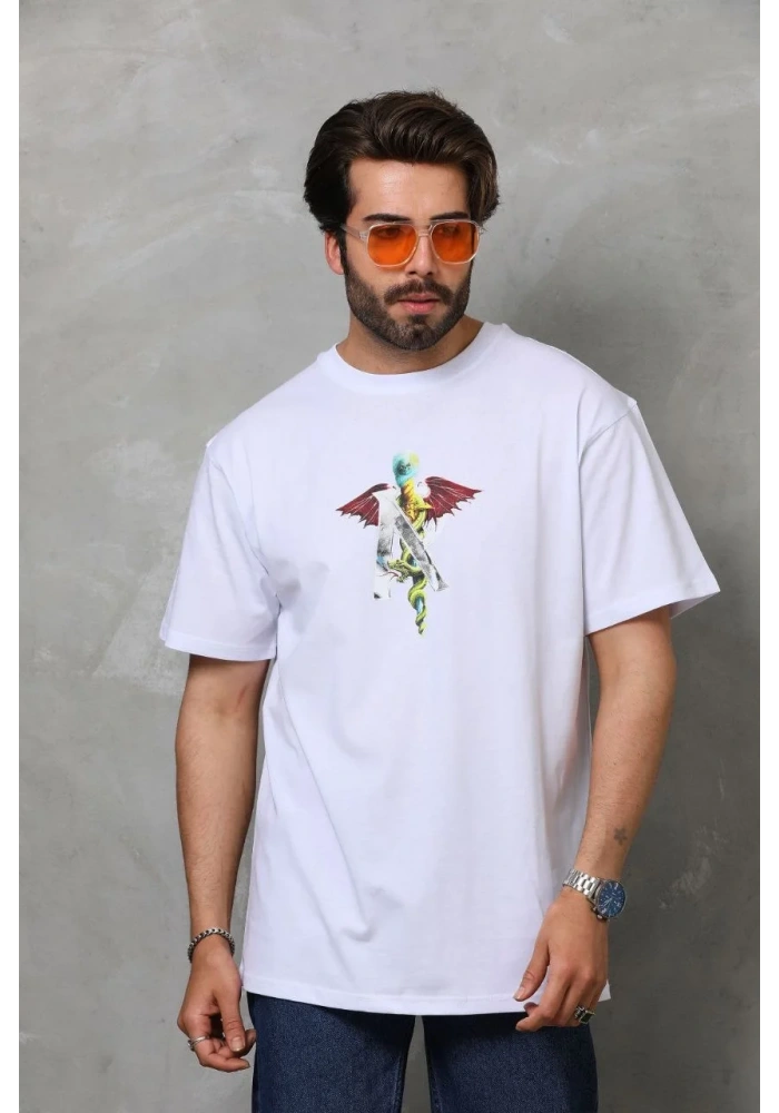 Erkek Bisiklet Yaka Baskılı Oversize - Beyaz
