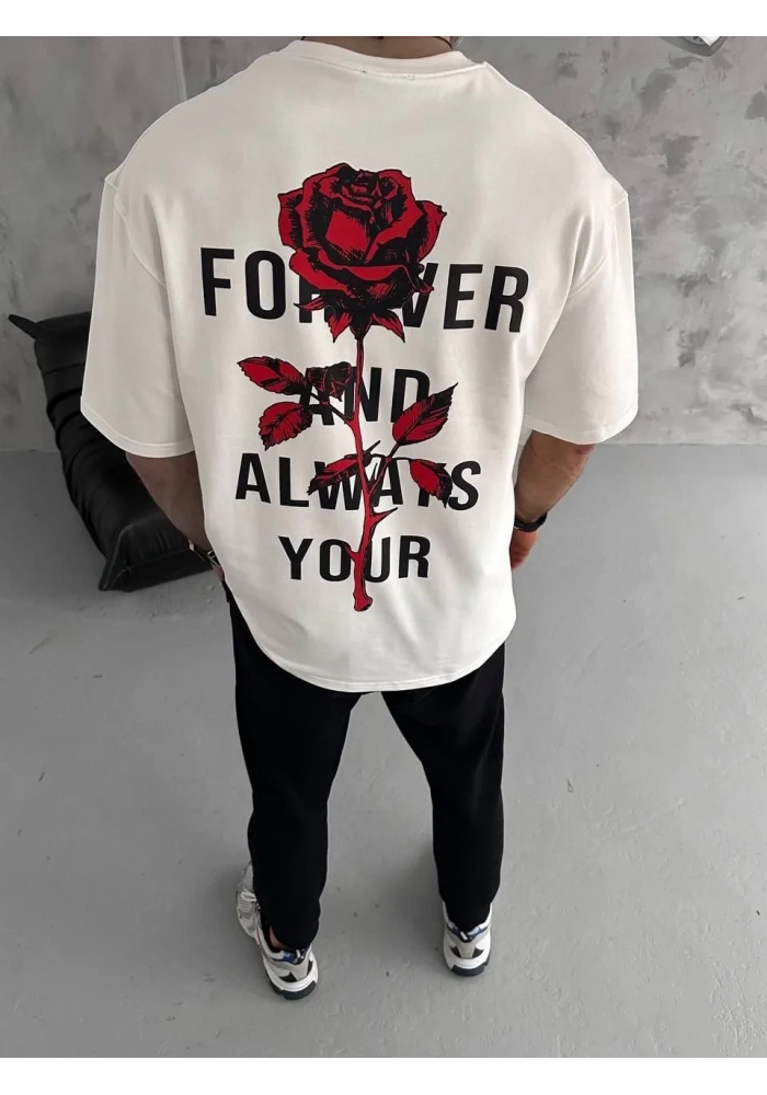 ERKEK Bisiklet Yaka Baskılı Oversize T-Shirt - Beyaz