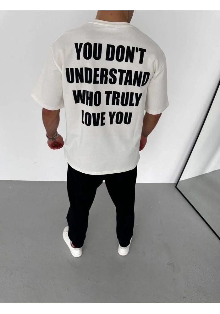 Erkek Bisiklet Yaka Baskılı Oversize T-Shirt - Beyaz