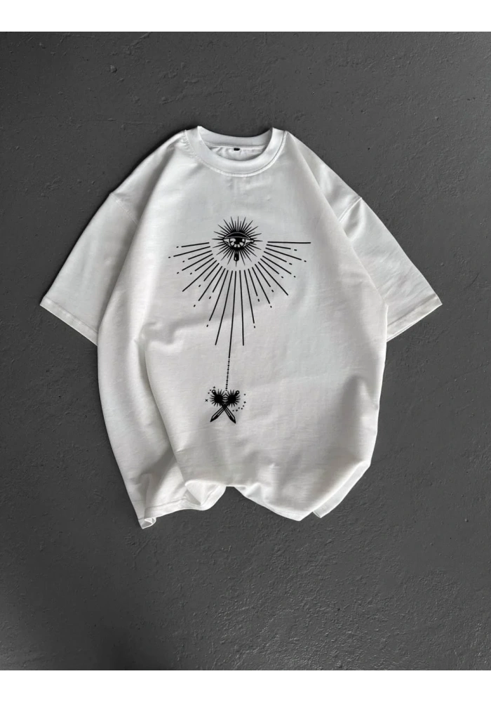 ERKEK  Bisiklet Yaka Baskılı Oversize T-Shirt - Beyaz