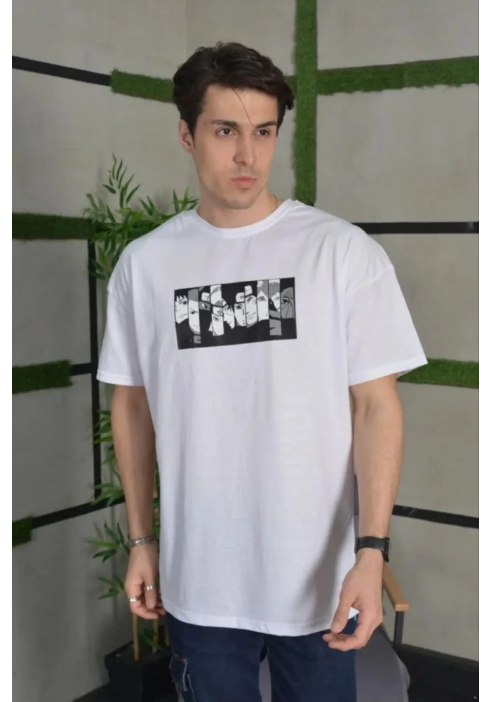 ERKEK Bisiklet Yaka Baskılı Oversize T-Shirt - Beyaz