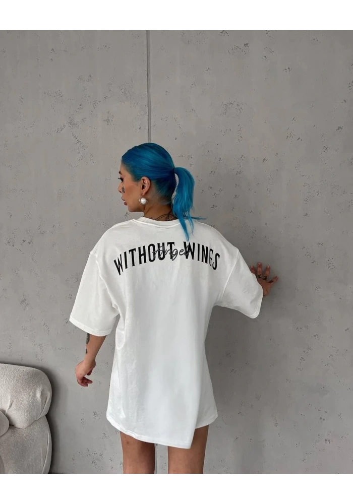 kadın  Bisiklet Yaka Baskılı Oversize T-Shirt - Beyaz