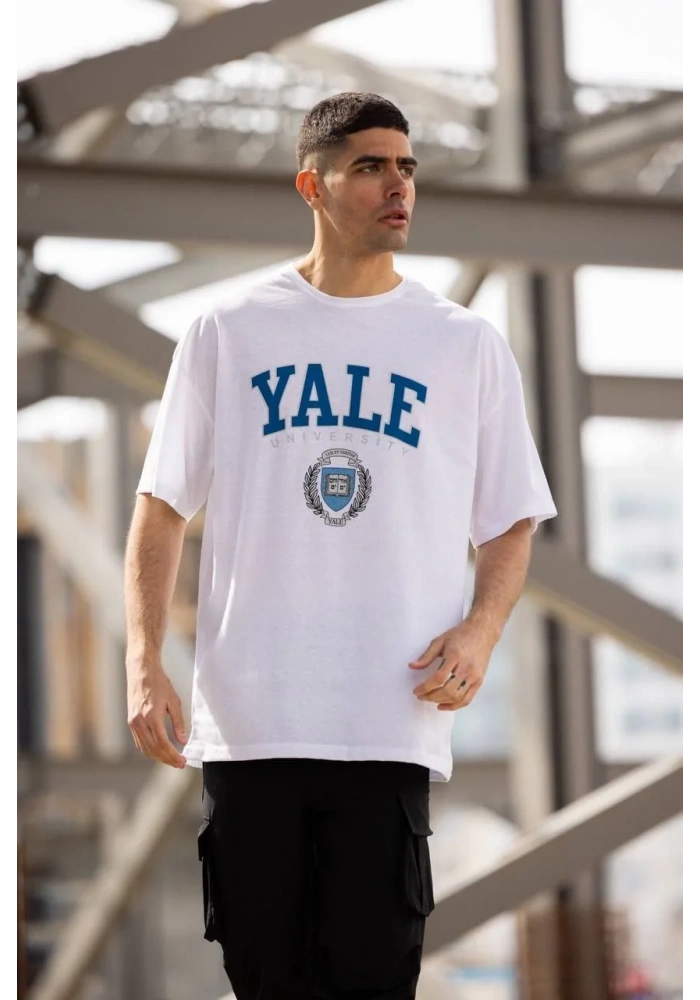 Unisex Bisiklet Yaka Baskılı Oversize T-Shirt - Beyaz