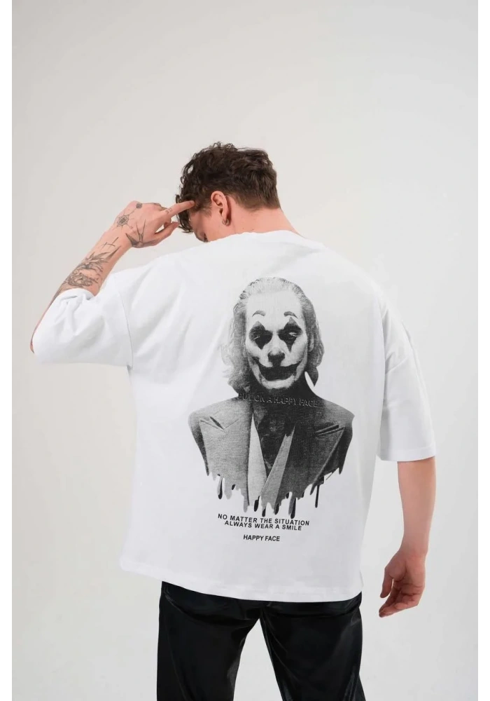Erkek Bisiklet Yaka Baskılı Oversize T-Shirt - Beyaz