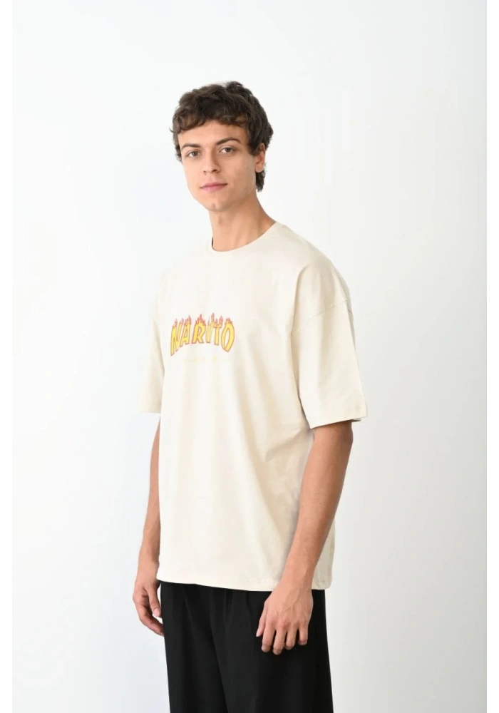 ERKEK Bisiklet Yaka Baskılı Oversize T-Shirt - Beyaz