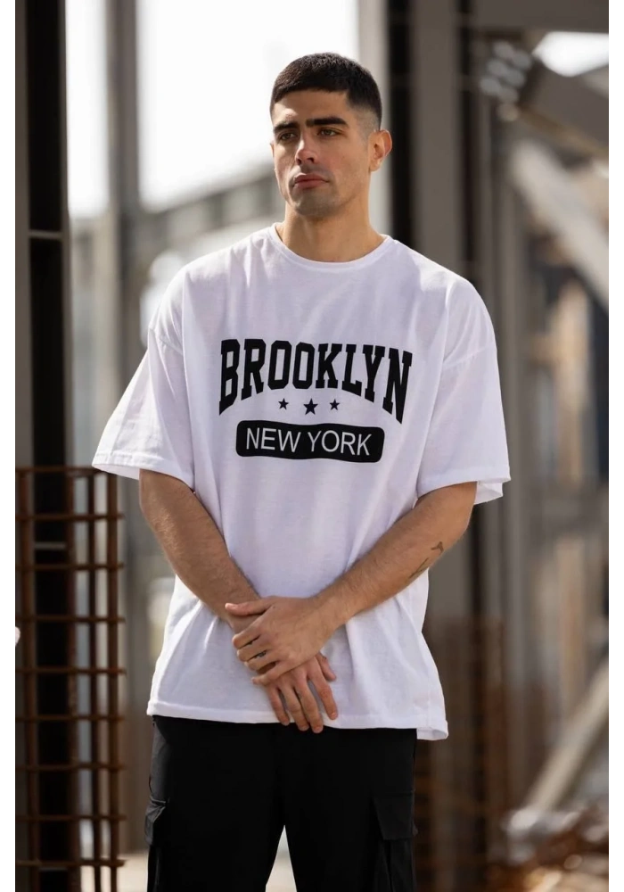 ERKEK Bisiklet Yaka Baskılı Oversize T-Shirt - Beyaz