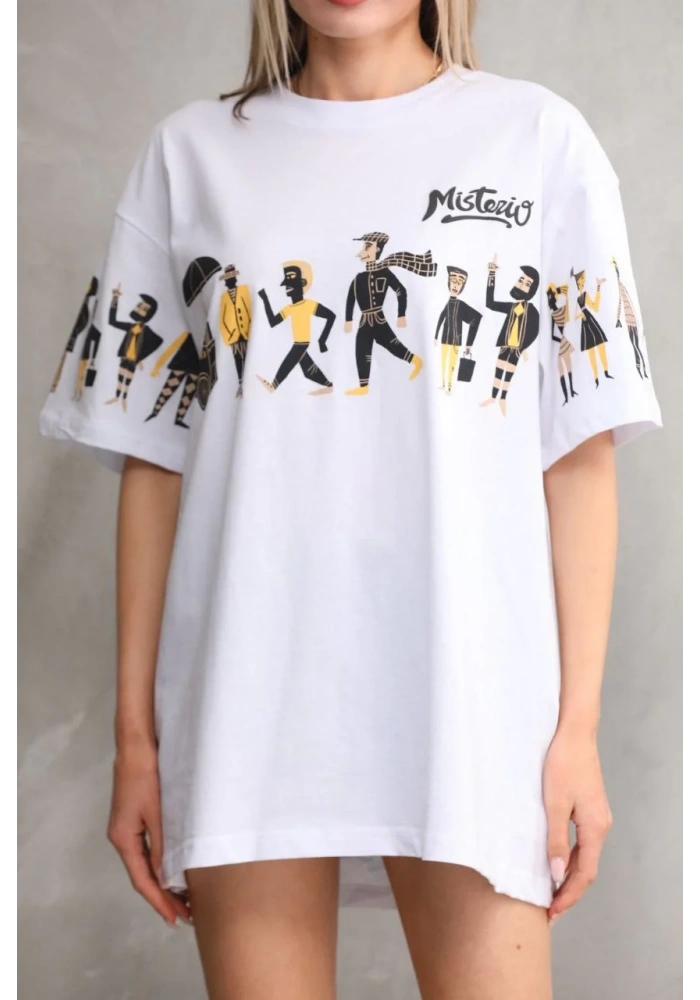 kadın  Bisiklet Yaka Baskılı Oversize T-Shirt - Beyaz