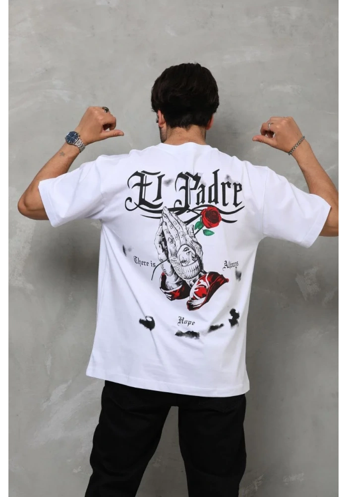 Erkek Bisiklet Yaka Baskılı Oversize T-Shirt - Beyaz