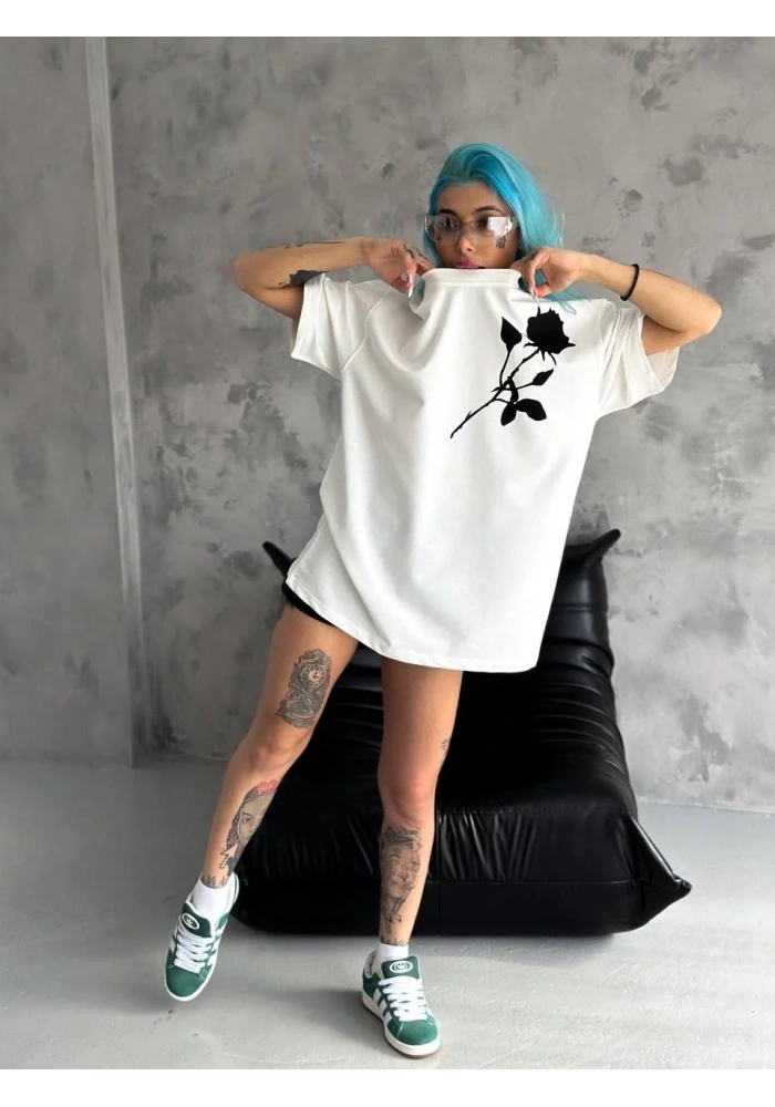 kadın  Bisiklet Yaka Baskılı Oversize T-Shirt - Beyaz