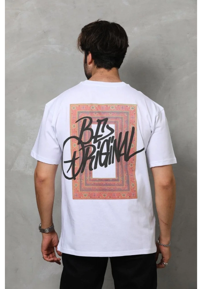 Erkek Bisiklet Yaka Baskılı Oversize T-Shirt - Beyaz