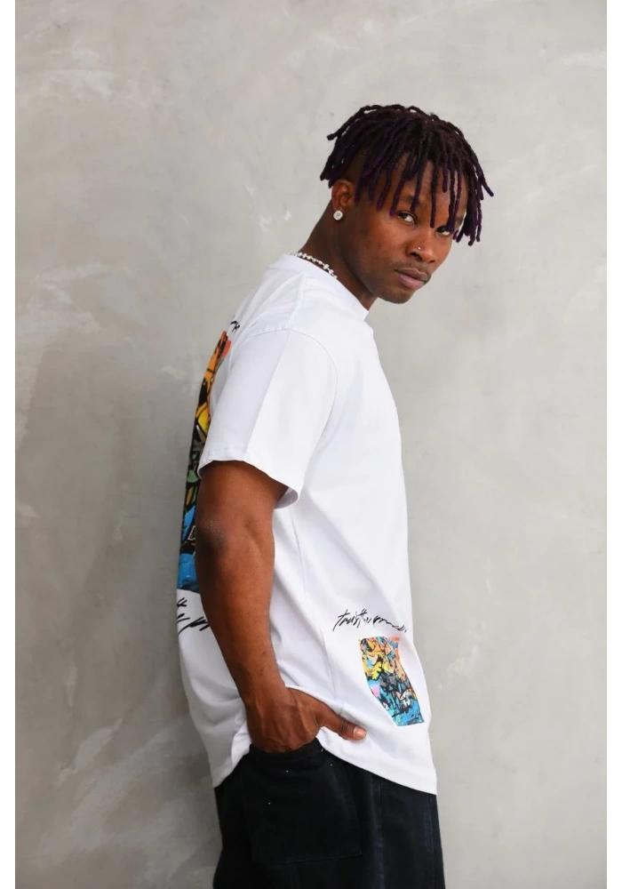 Erkek Bisiklet Yaka Baskılı Oversize T-Shirt - Beyaz