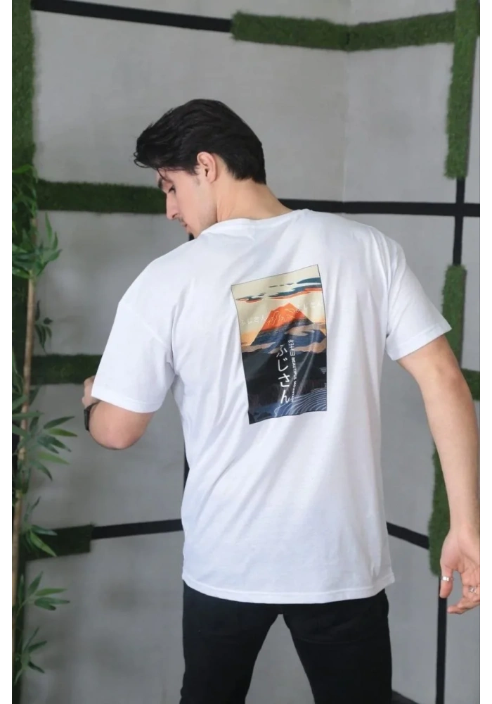 ERKEK Bisiklet Yaka Baskılı Oversize T-Shirt - Beyaz