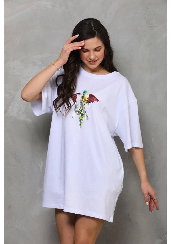 Kadın Baskılı T-Shirt Kısa Kol Bisiklet Yaka Regular Fit Rahat Kalıp Günlük Tişört - Beyaz