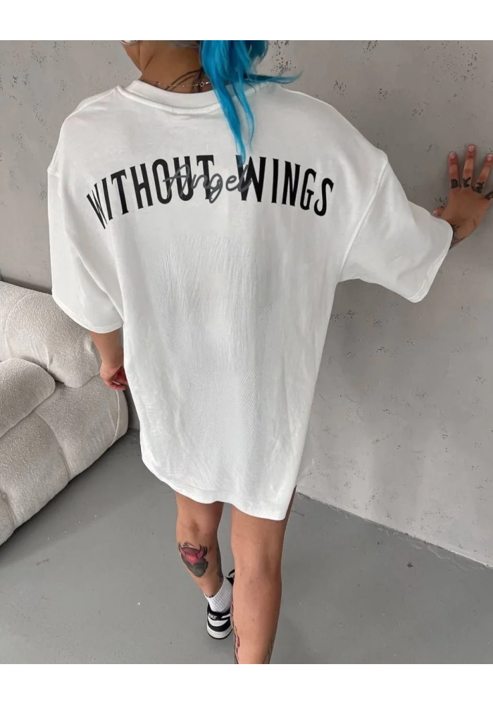 kadın  Bisiklet Yaka Baskılı Oversize T-Shirt - Beyaz