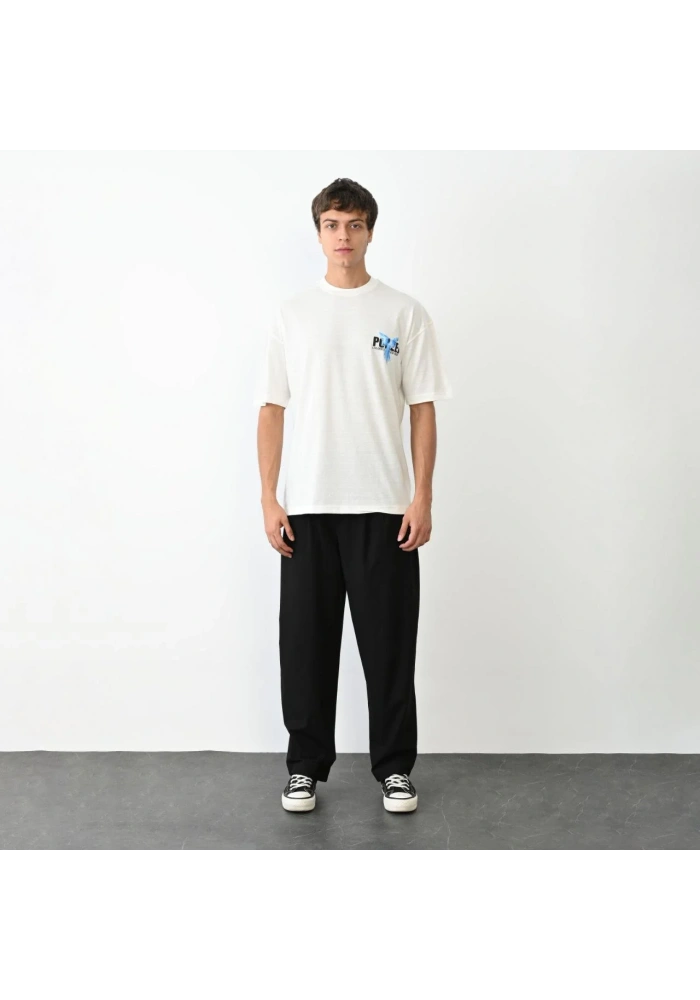 Erkek Bisiklet Yaka Baskılı Oversize T-Shirt - Beyaz