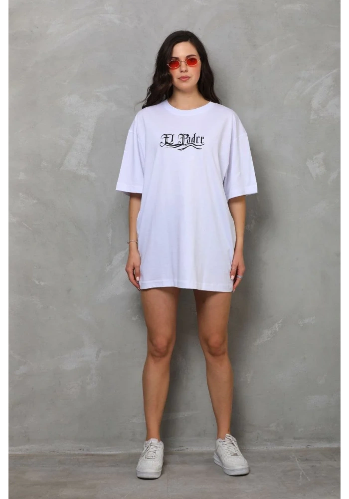 kadın Bisiklet Yaka Baskılı Oversize T-Shirt - Beyaz